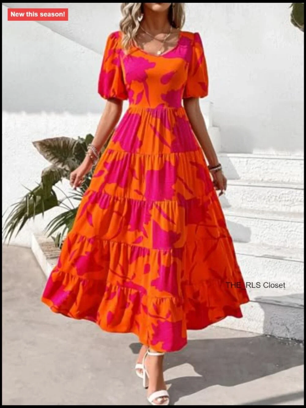 Puff Short Sleeve Scoop Neck Floral Maxi Dress with Tiered Hem - Picture 2 of 7